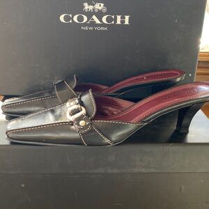 Coach Black Leather Pointed Toe Mules with Burgundy Insole